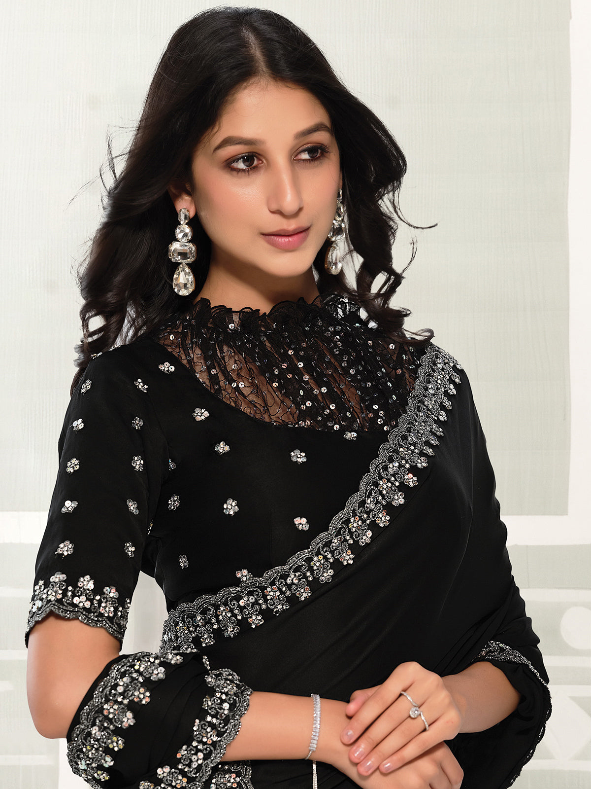 Black resham shimmer crepe silk women saree
