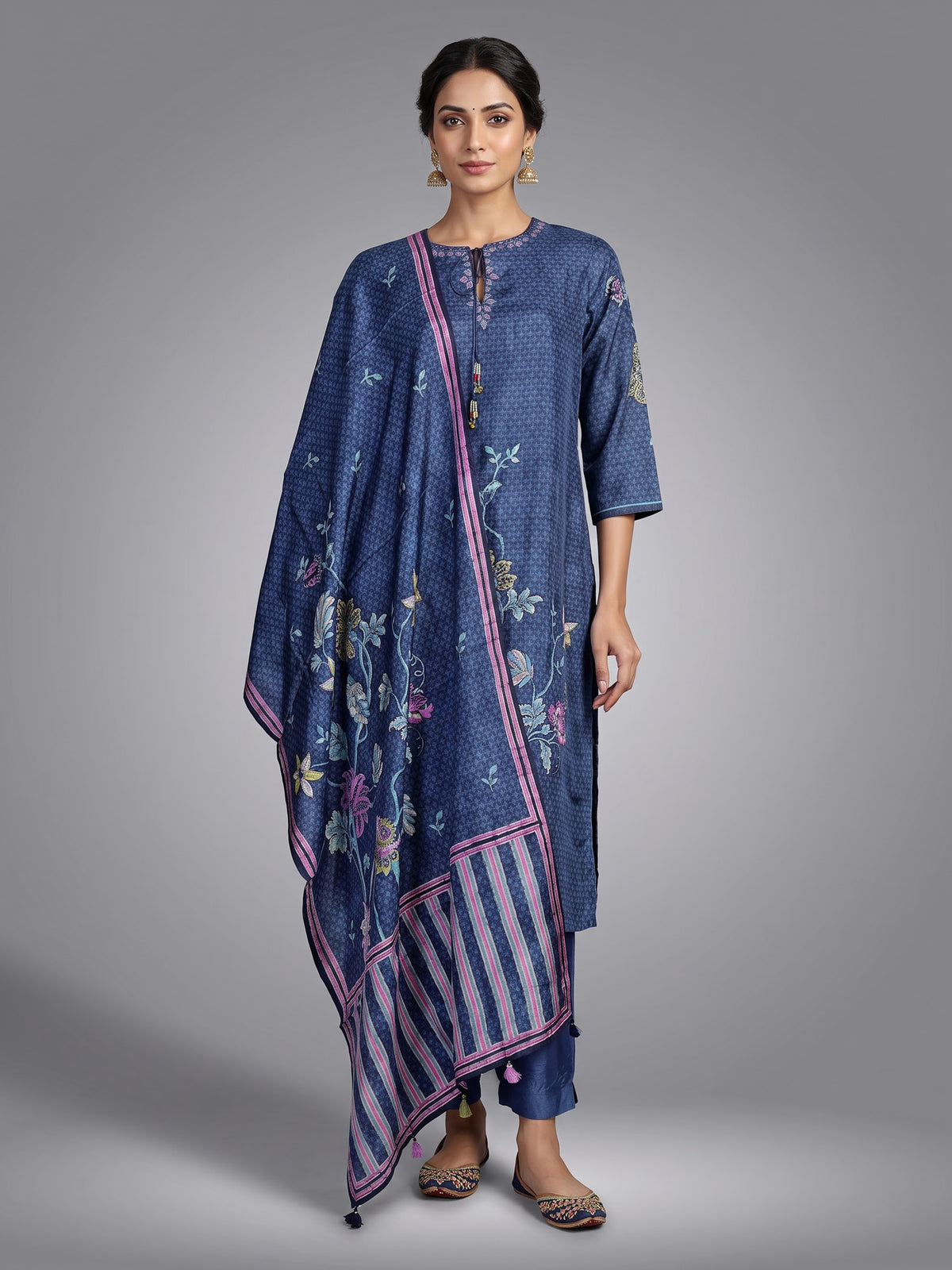 Navy blue pomegranate tree women kurta set