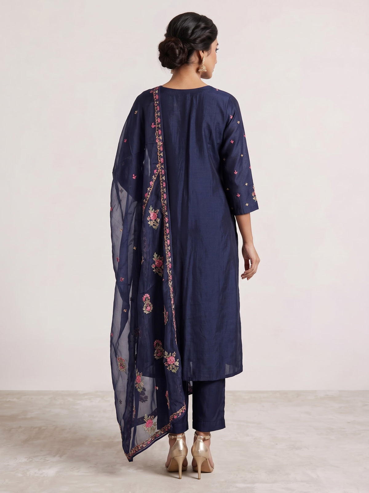 Navy blue silk kurti set with floral embroidery
