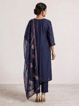 Navy blue silk kurti set with floral embroidery