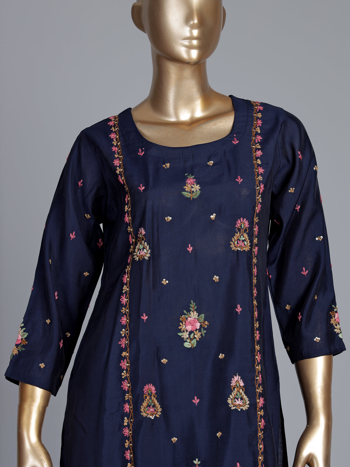 Navy blue silk kurti set with floral embroidery