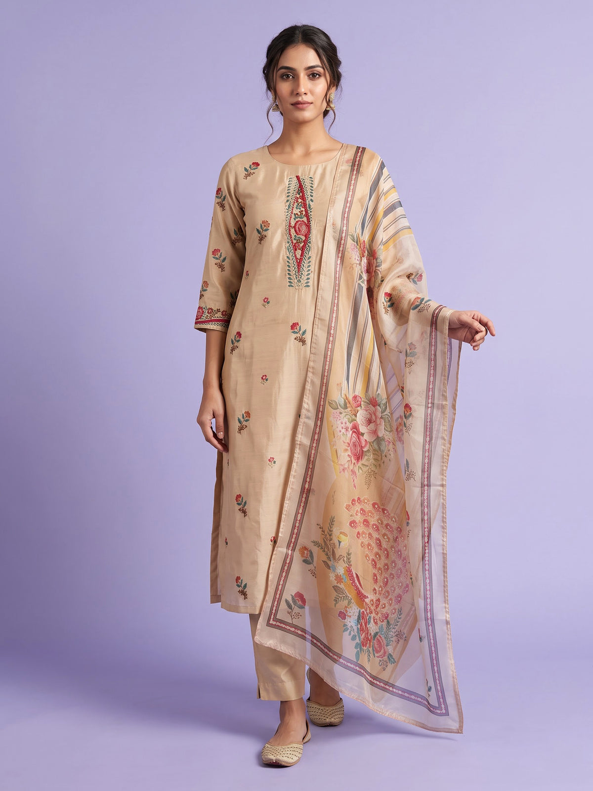 Beige tussar silk kurti set with floral embroidery