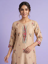 Beige tussar silk kurti set with floral embroidery