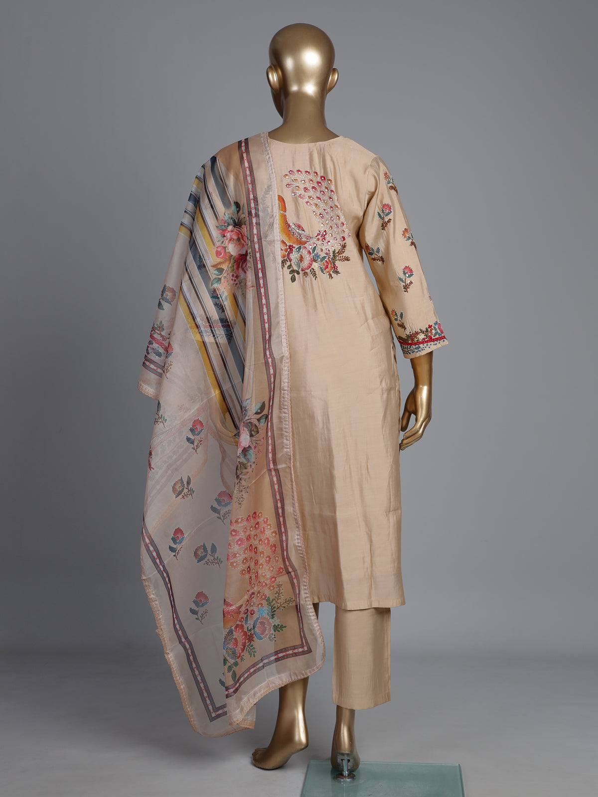 Beige tussar silk kurti set with floral embroidery