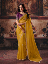 Mustard yellow floral organza women saree