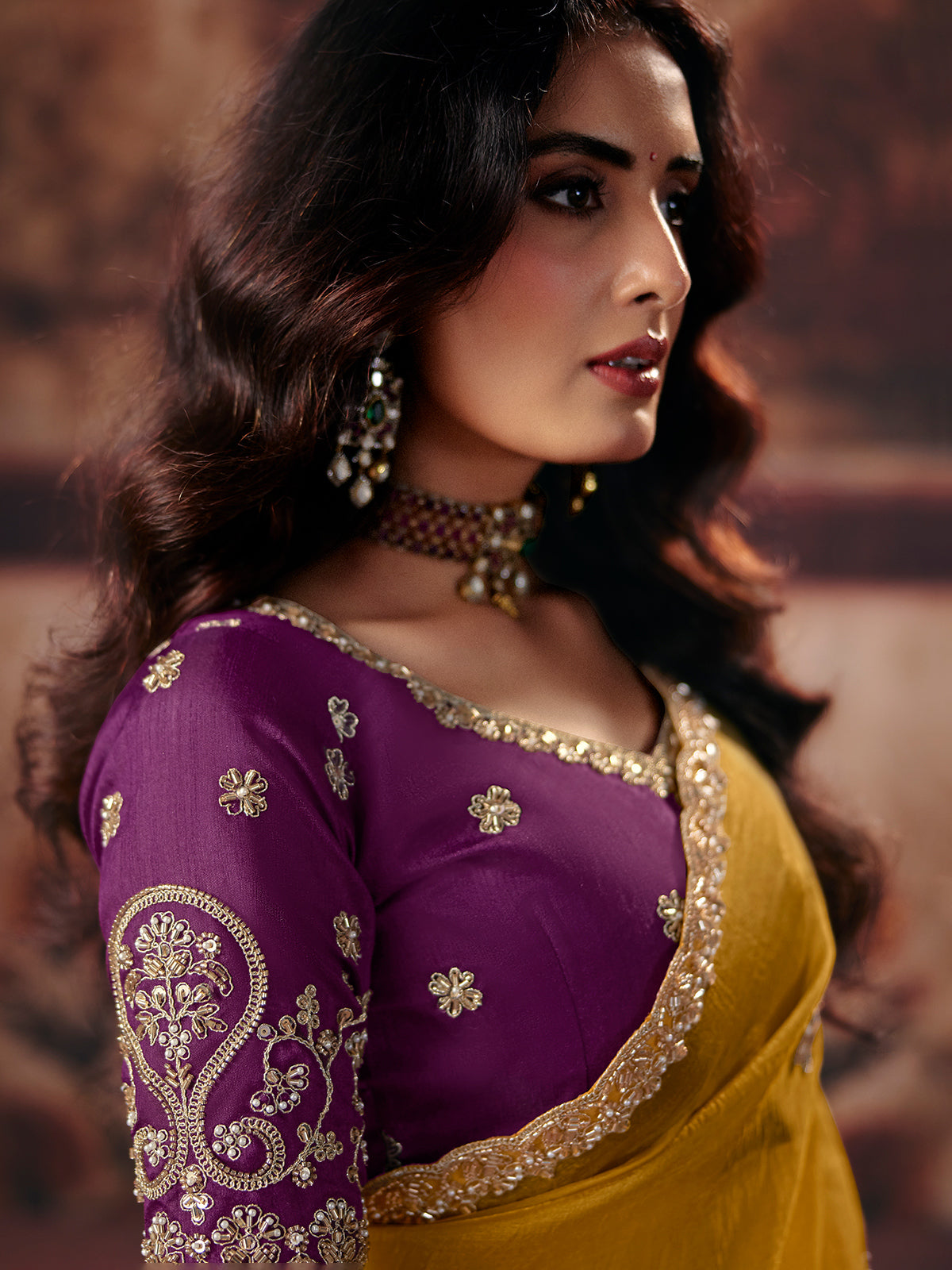 Mustard yellow floral organza women saree
