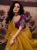 Mustard yellow floral organza women saree