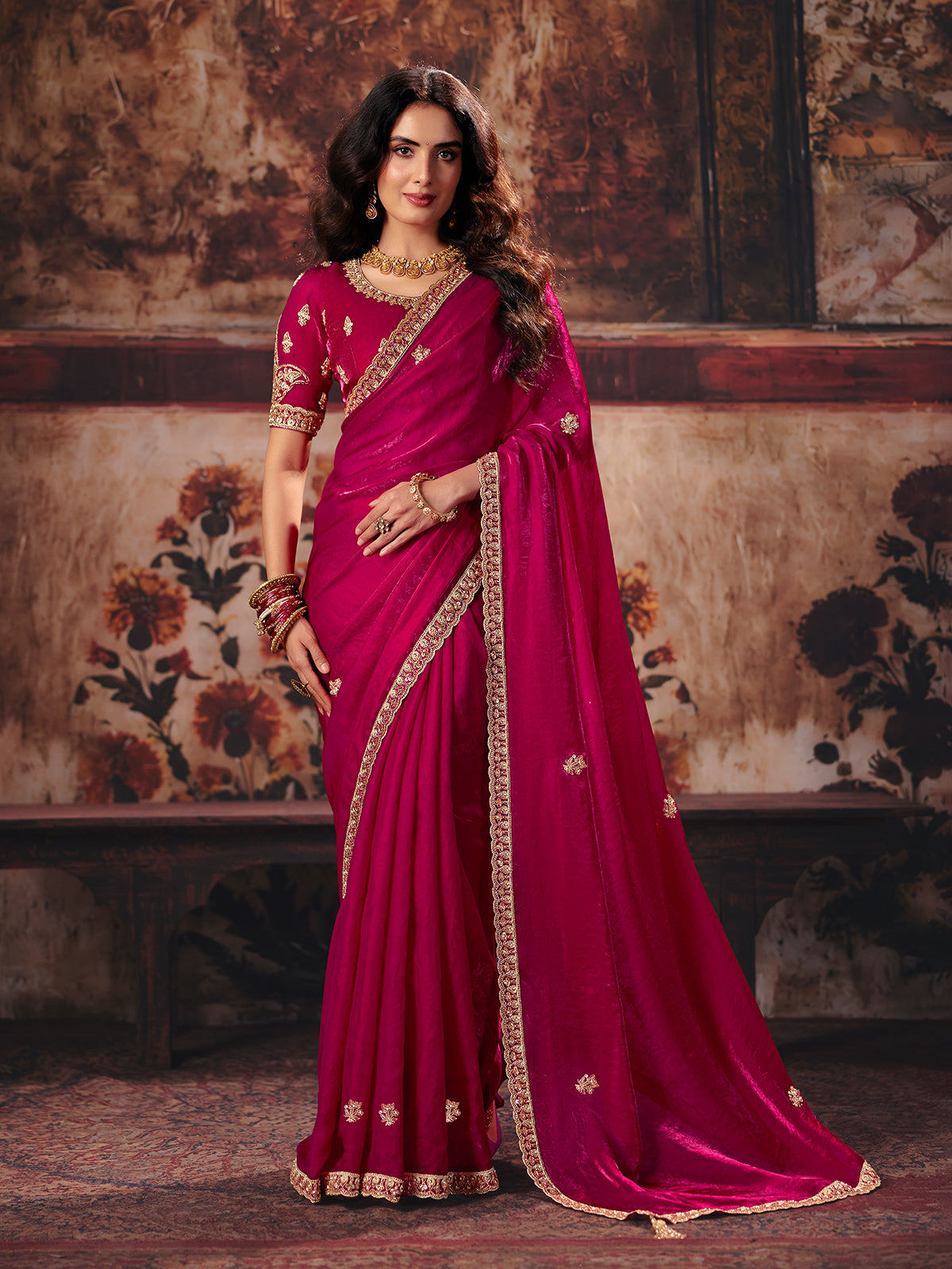 Magenta pink floral fendy satin women saree