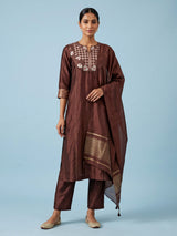 Brown silk kurti set with threadwork and sequins