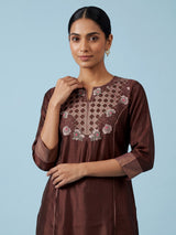 Brown silk kurti set with threadwork and sequins