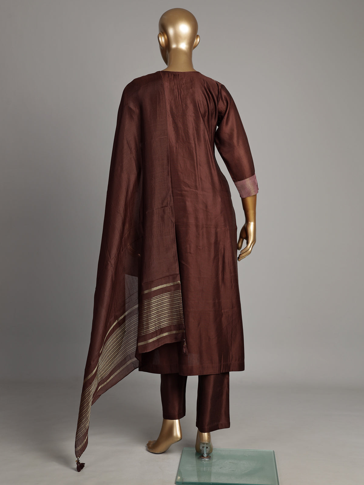 Brown silk kurti set with threadwork and sequins