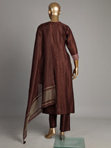 Brown silk kurti set with threadwork and sequins