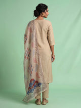 Beige tussar silk kurti set with mirror work