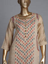 Beige tussar silk kurti set with mirror work