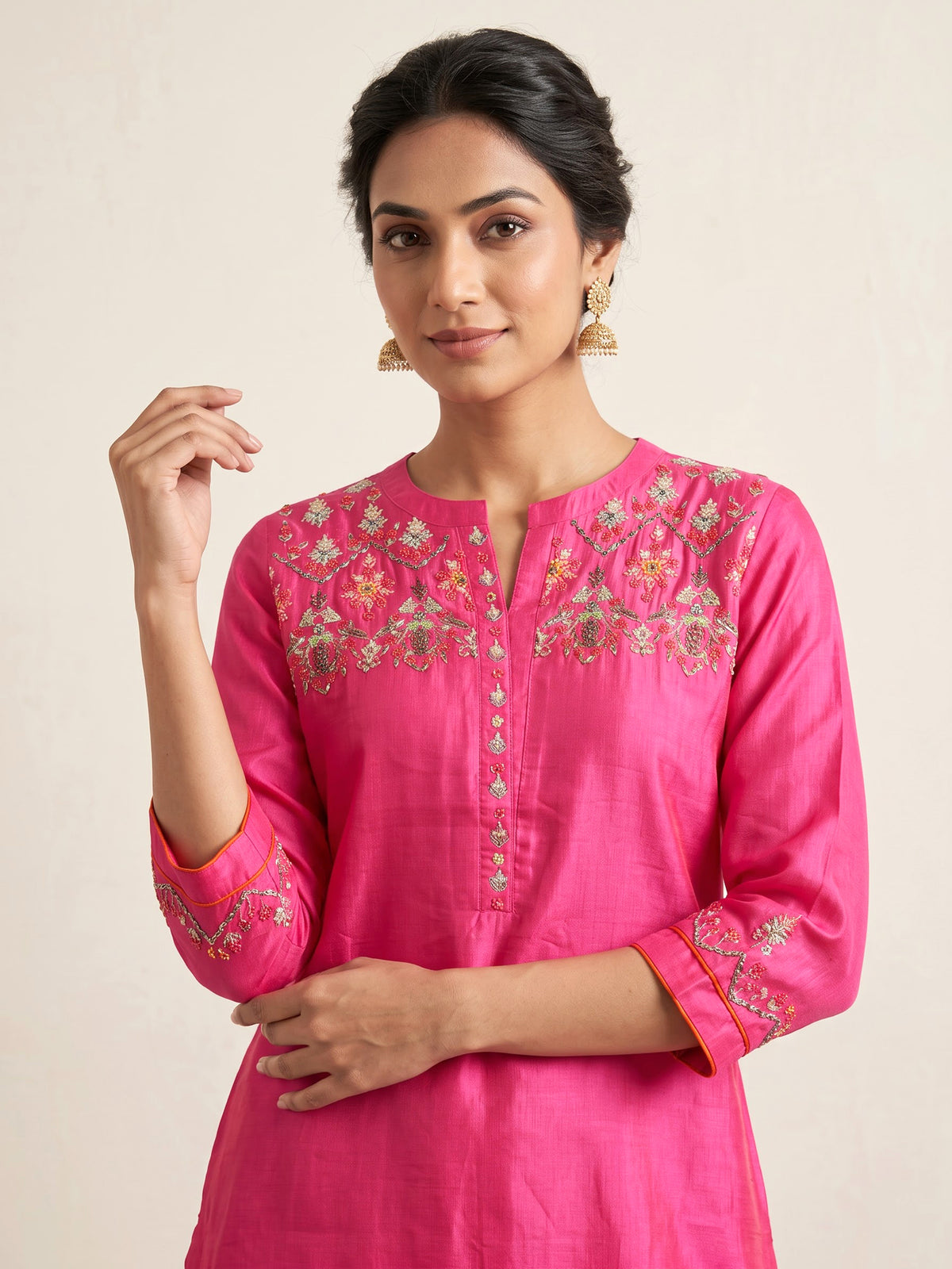 Rani pink silk kurti set with sequin detailing