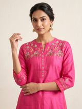 Rani pink silk kurti set with sequin detailing