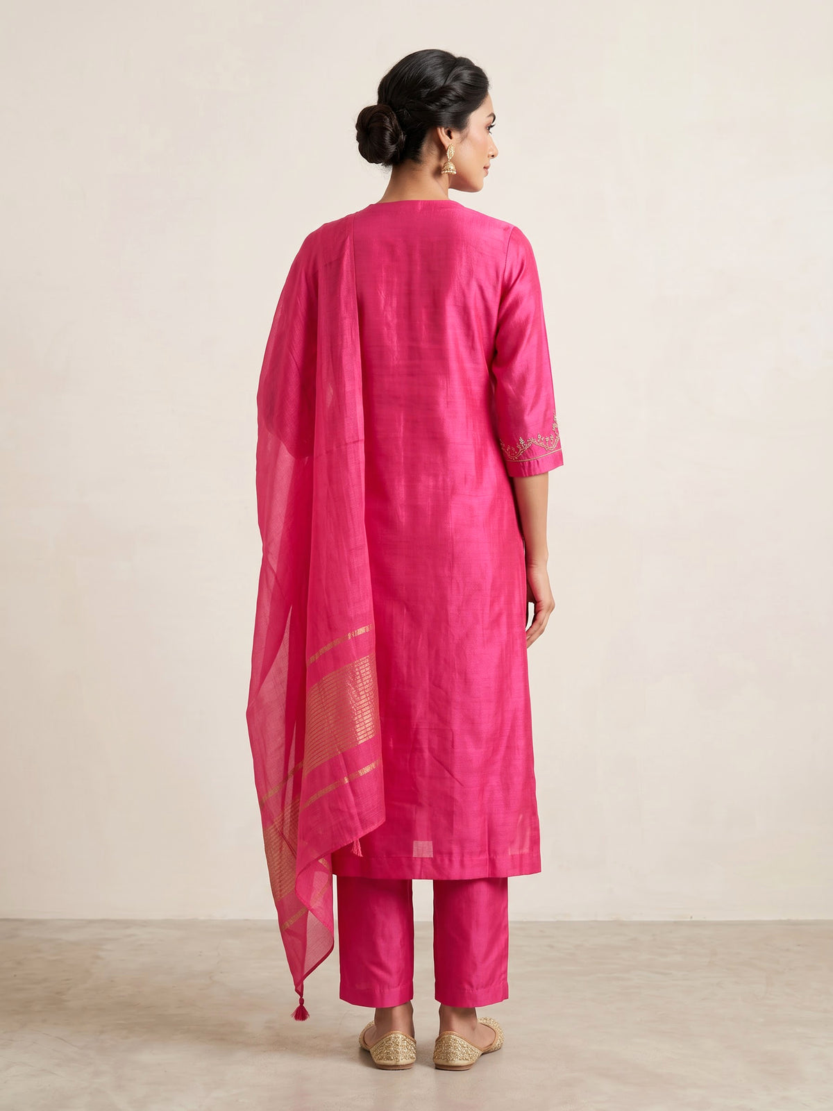 Rani pink silk kurti set with sequin detailing