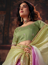 Pista green pink shaded satin women saree