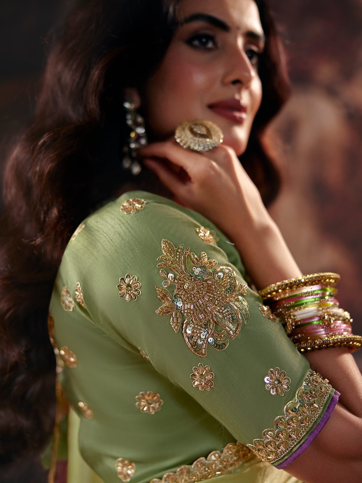 Pista green pink shaded satin women saree