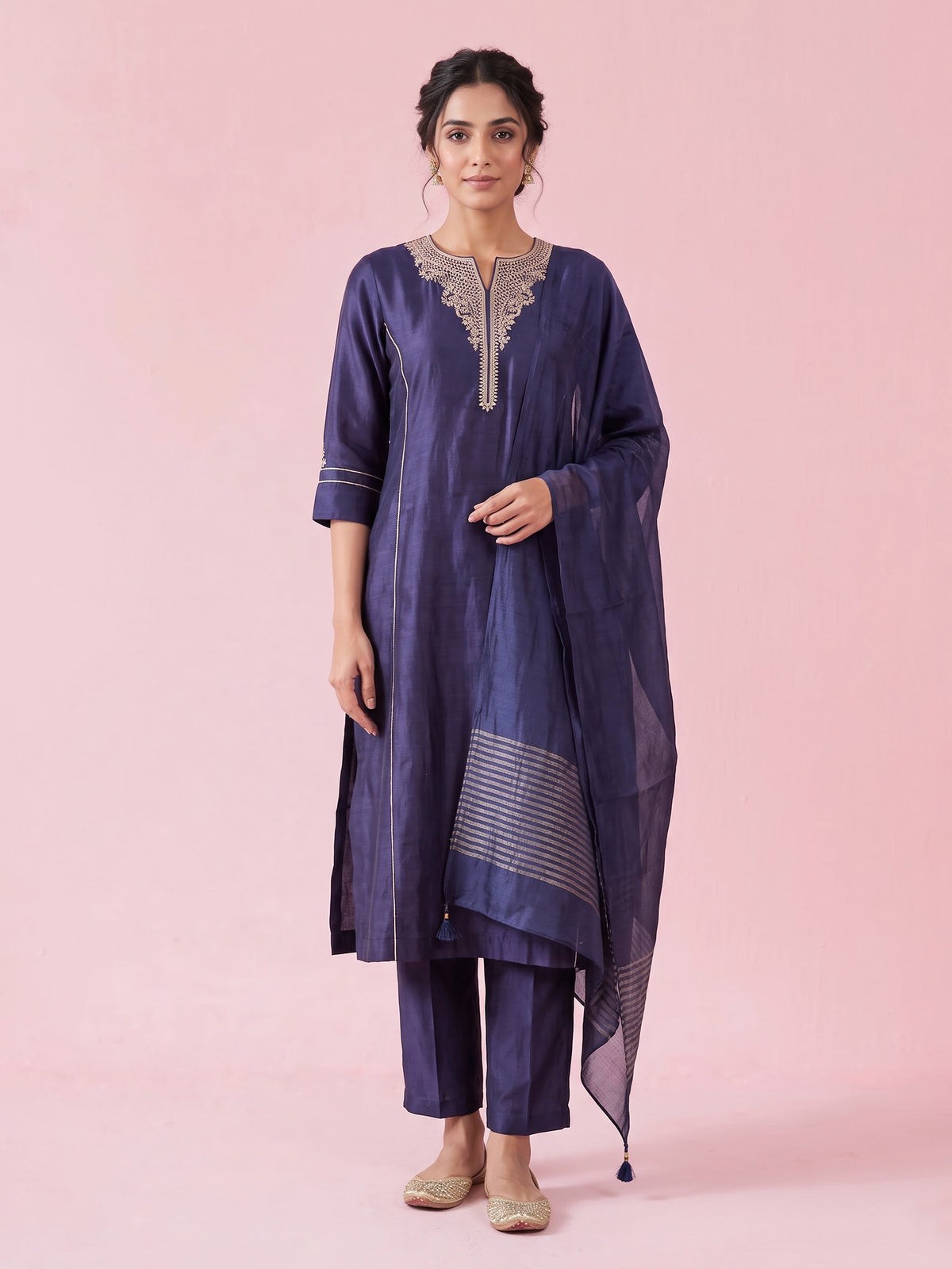 Navy blue silk kurti set with zardosi embellishments
