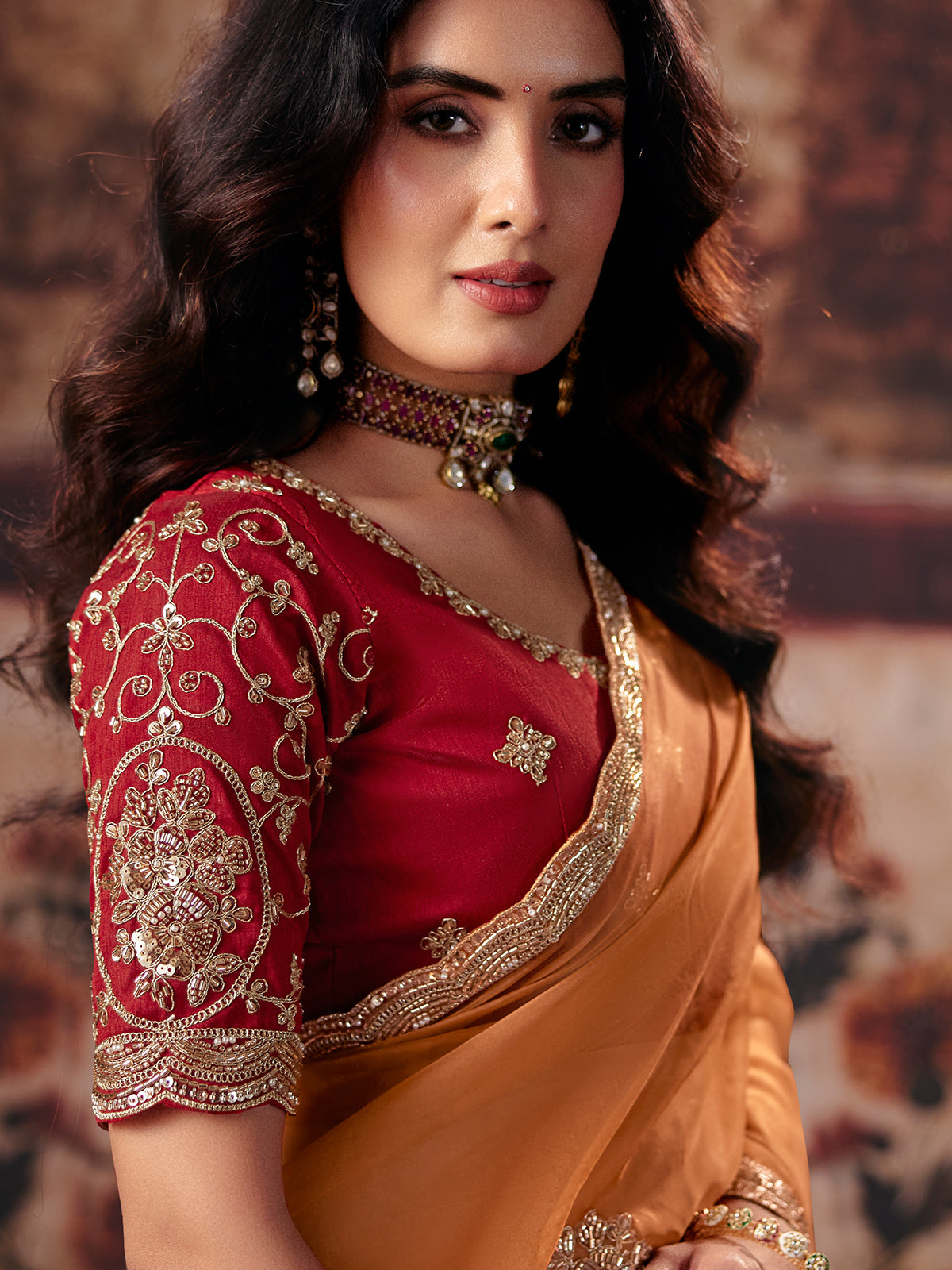 Rust orange floral organza women saree