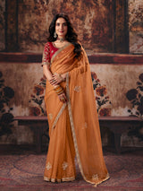 Rust orange floral organza women saree