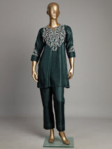 Bottle green silk kurti set with resham and embroidery