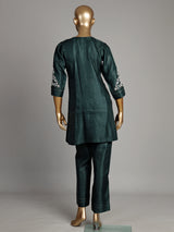Bottle green silk kurti set with resham and embroidery