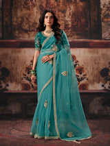 Mint blue peacock organza women saree