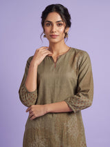 Olive cotton silk kurti set with floral print