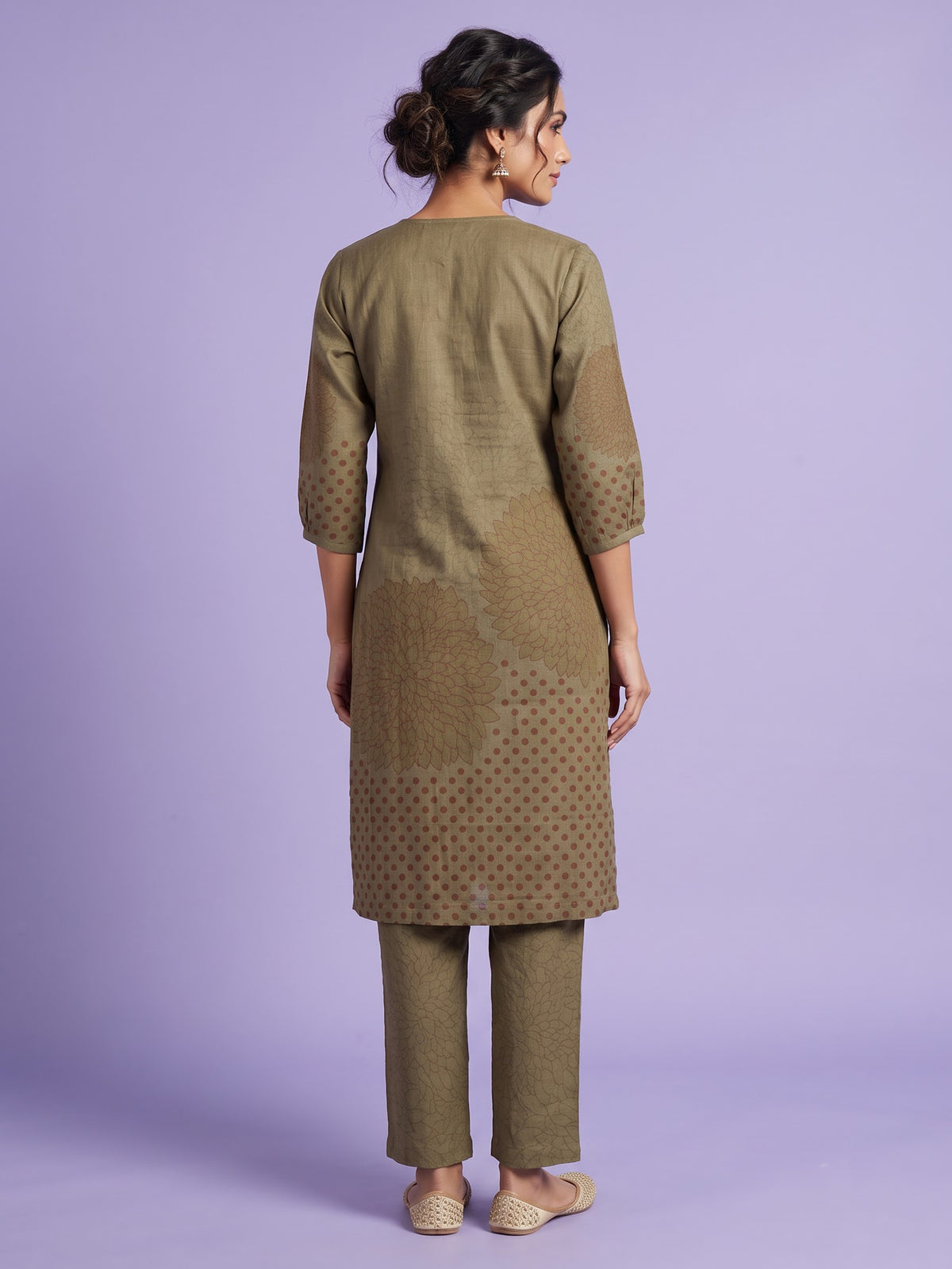 Olive cotton silk kurti set with floral print