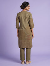 Olive cotton silk kurti set with floral print