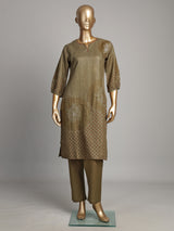 Olive cotton silk kurti set with floral print