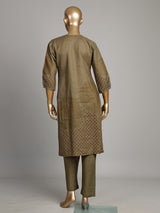 Olive cotton silk kurti set with floral print