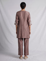 Pastel brown silk kurti set with white embroidery