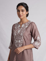 Pastel brown silk kurti set with white embroidery
