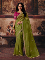 Green floral organza women saree with tassels