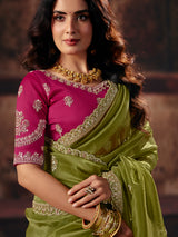 Green floral organza women saree with tassels