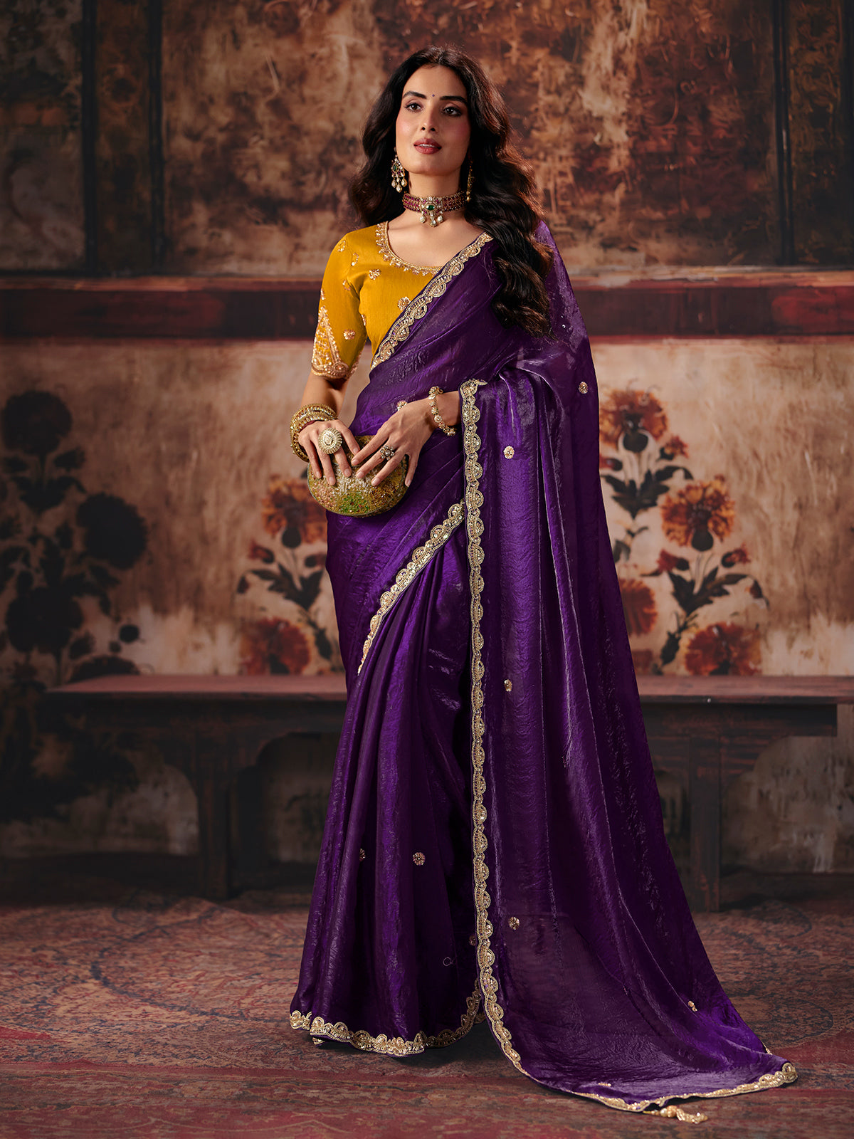 Purple golden floral fendy satin women saree