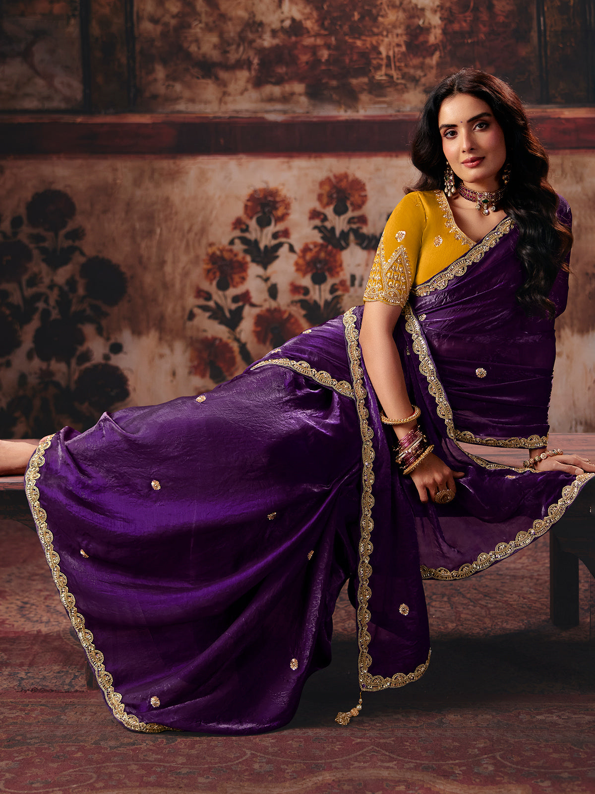 Purple golden floral fendy satin women saree