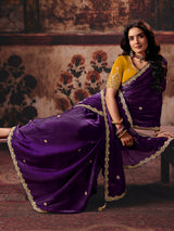 Purple golden floral fendy satin women saree