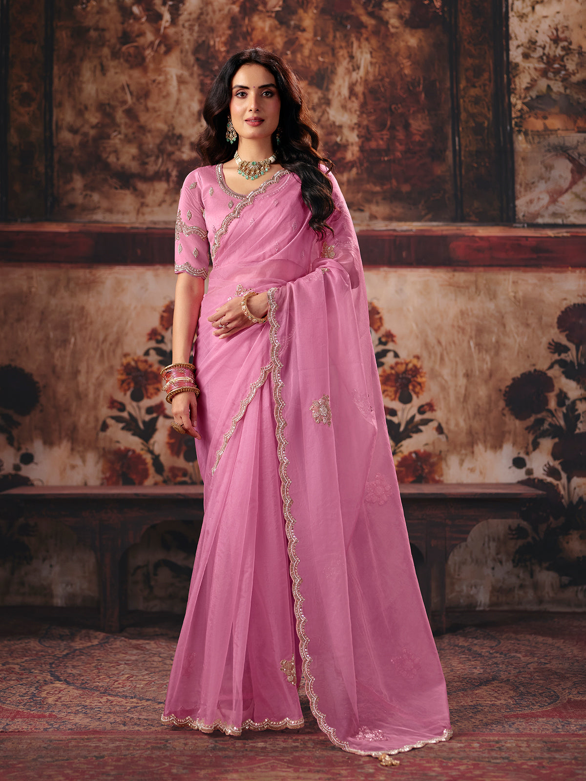 Pink embellished organza women saree with tassels