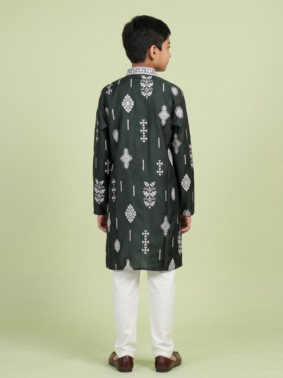 Olive green tribal geometric boys kurta suit