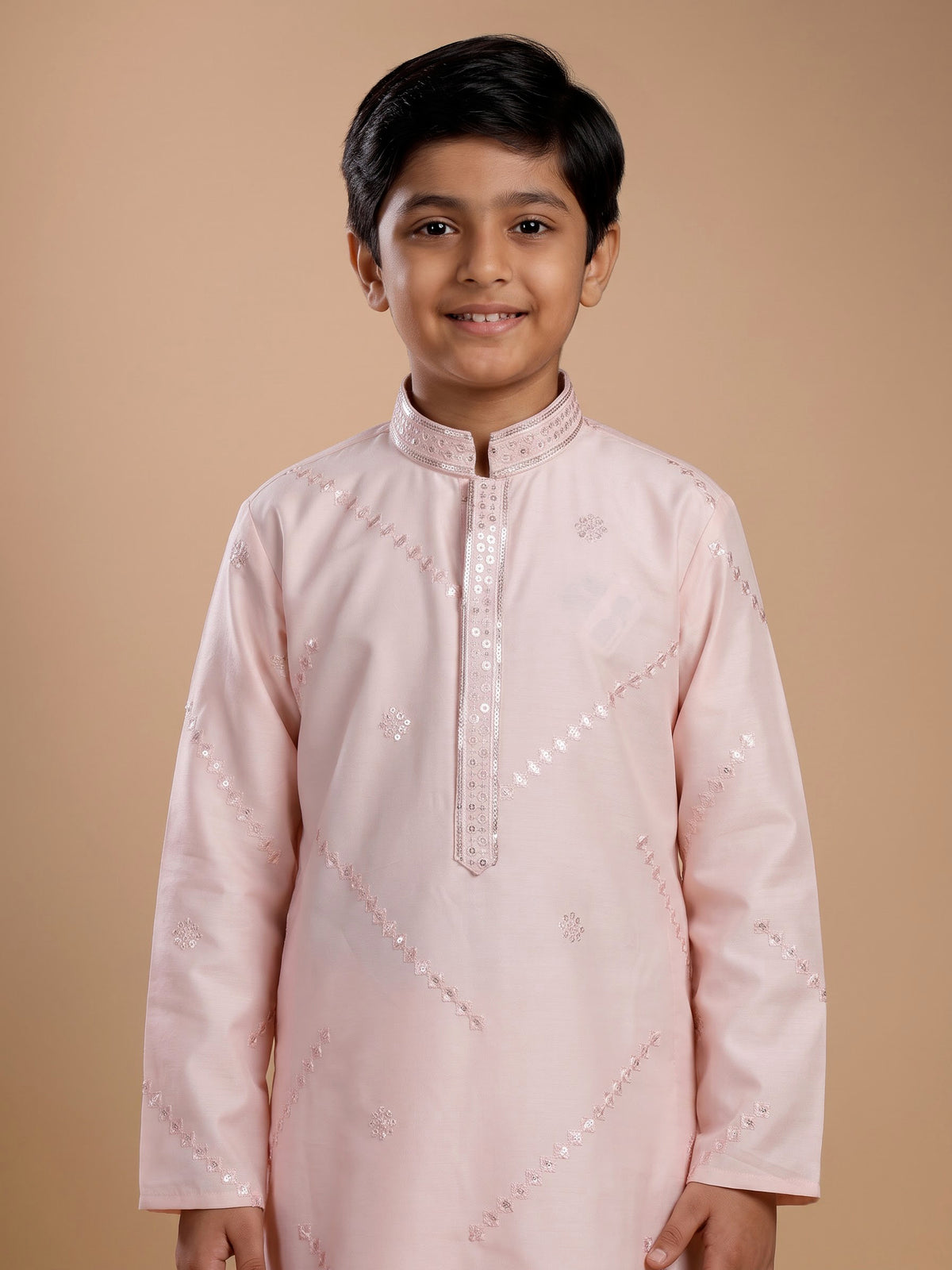 Peach leheriya embroidered boys kurta suit