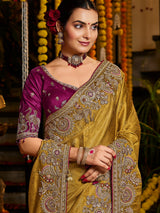 Mustard yellow bird motif tissue silk women saree