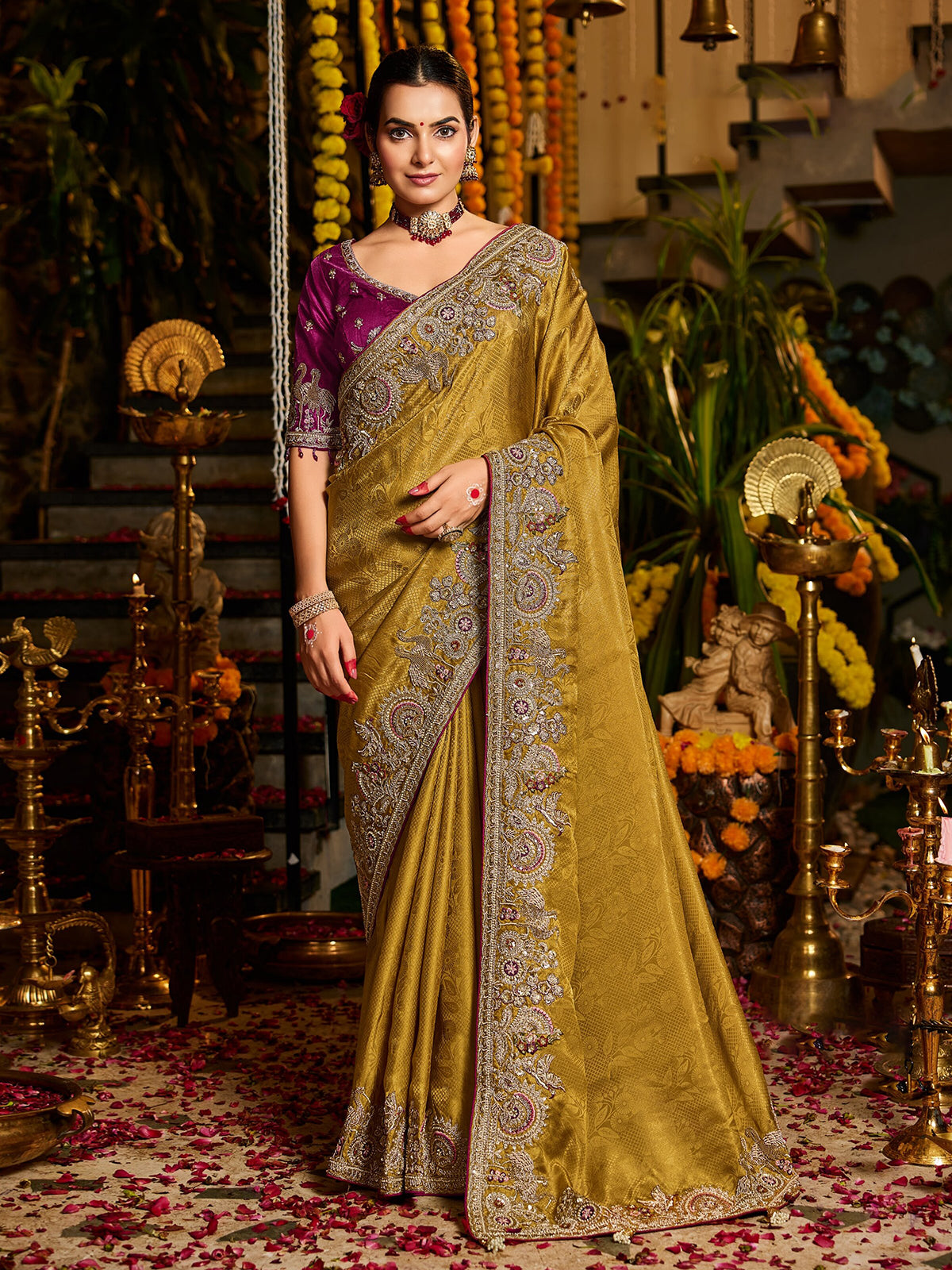 Mustard yellow bird motif tissue silk women saree