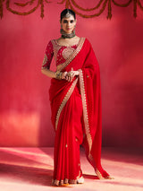 Red magnificent heritage motifs crepe silk women saree
