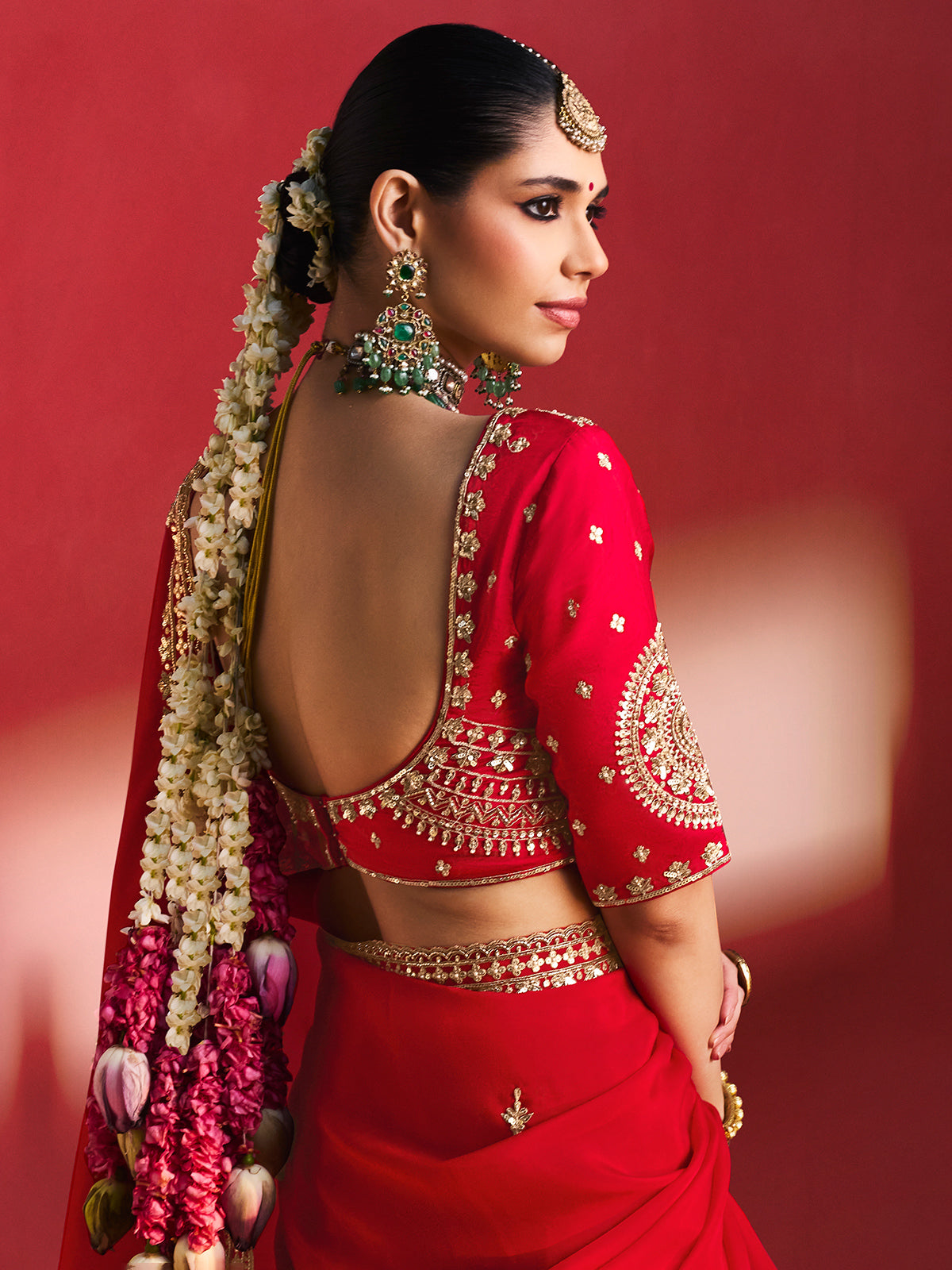 Red magnificent heritage motifs crepe silk women saree