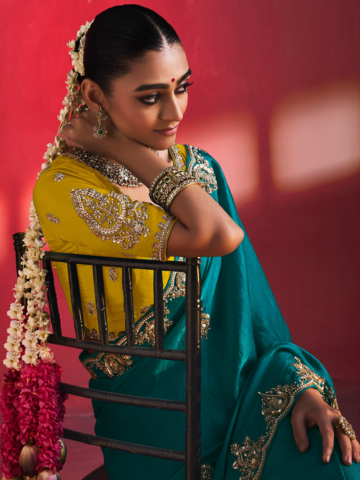 Teal blue exquisite detailing crepe silk women saree