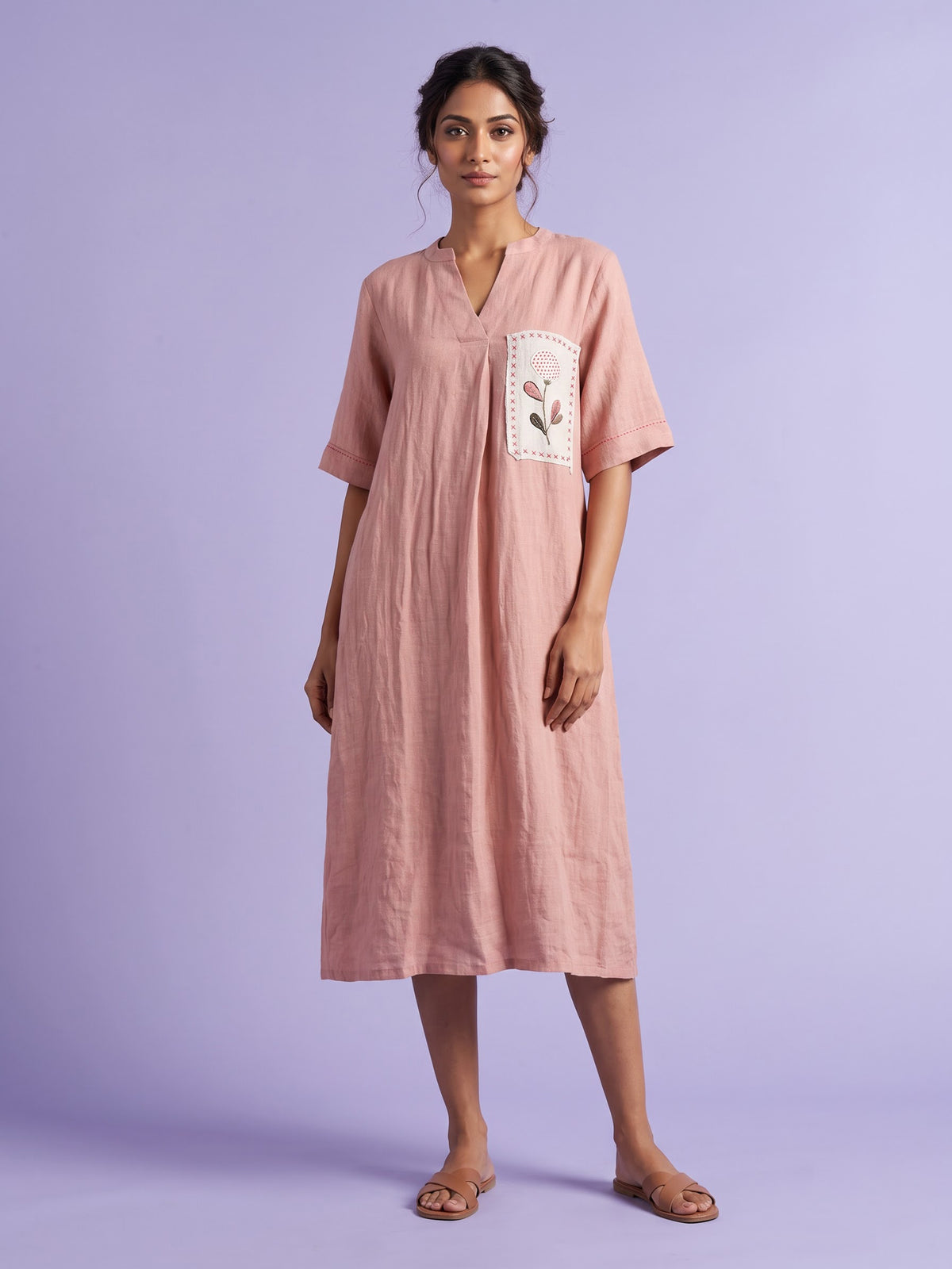 Peach botanical pocket women cotton dress